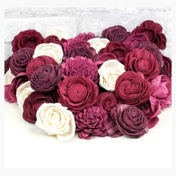 Sola Flower Assortment – Burgundy & Ivory SO105: a stemless sola flower assortment in burgundy, plum
