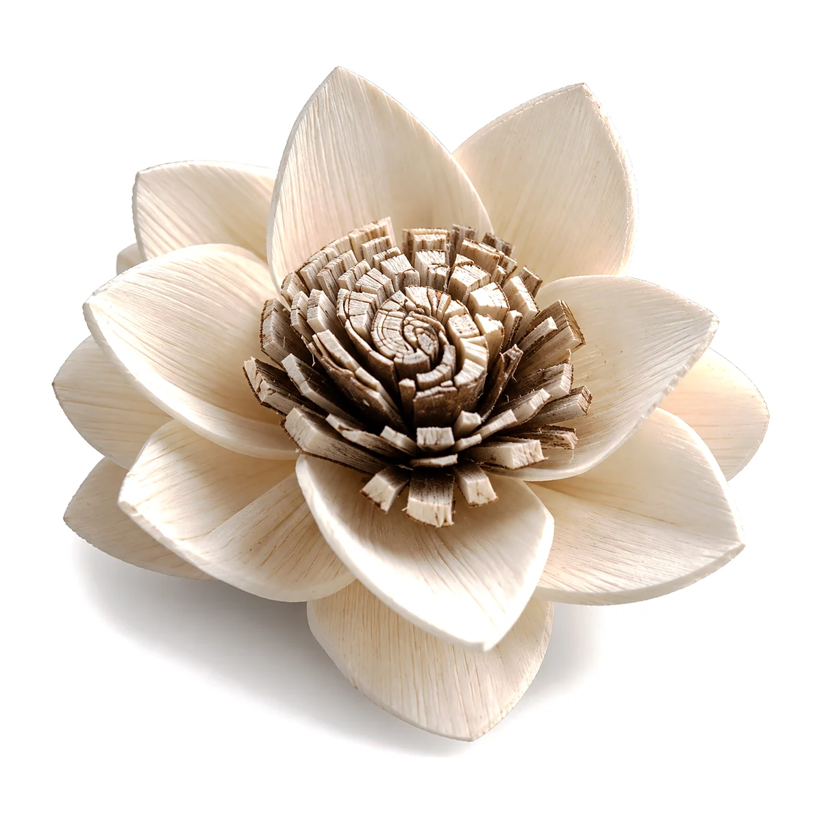 Sola Lotus – Skin-Edged Centre SO32: handmade sola lotus with tiers of pointed ivory petals around a spiral-cut centre