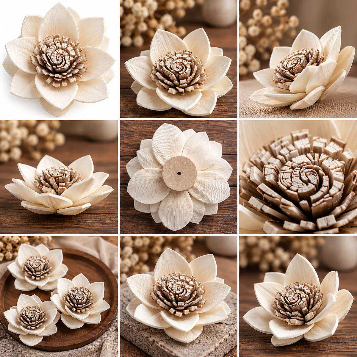 Sola Lotus – Skin-Edged Centre SO32: handmade sola lotus with tiers of pointed ivory petals around a spiral-cut centre – view 2
